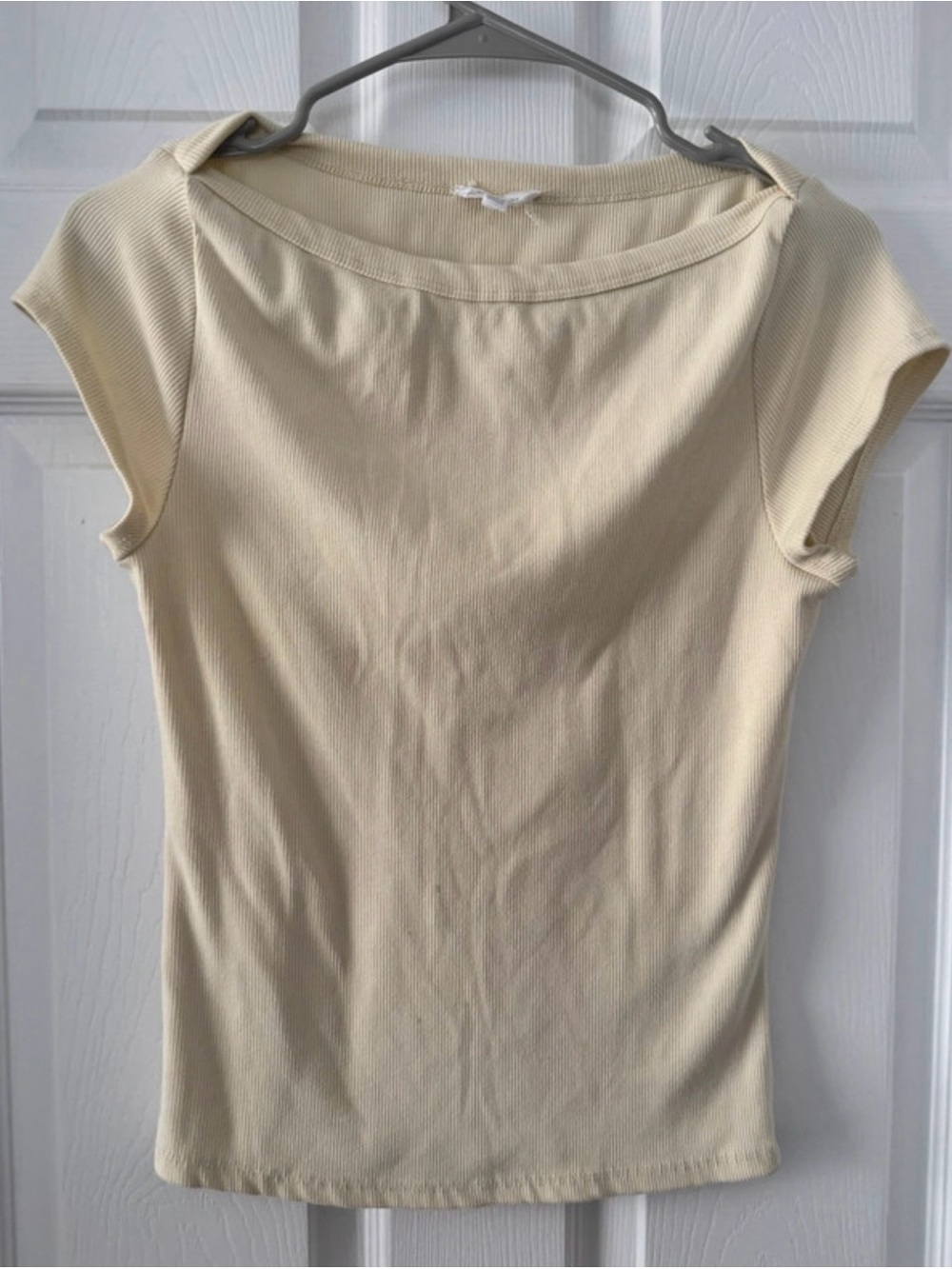 Classic Ribbed Short-Sleeve Tee in Light yellow cap sleeves boat neck